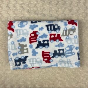 Baby Starters Blue Red Trains Blanket White Gray Dump Trucks Plush Soft 2014